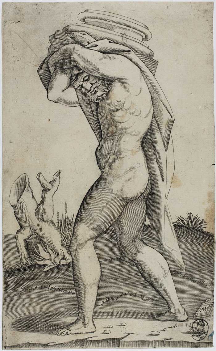 Agostino Veneziano: Mann, die Basis einer Säule tragend, Graphische Sammlung der Universität Trier.